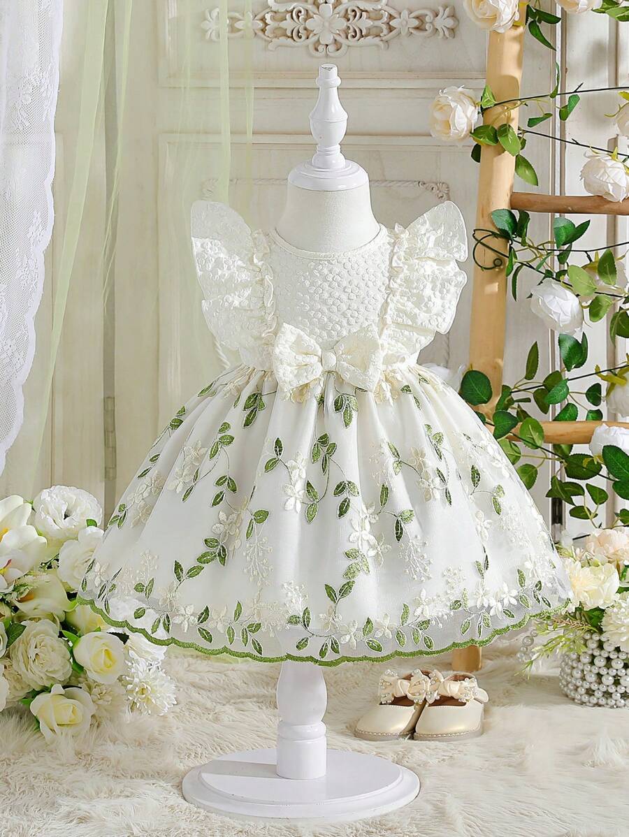 Baby Girls' Cute Round Neck Ruffle Trim Sleeveless Bow Decor A-Line Mesh Princess Dress, Fashion Versatile Sweet Elegant, Suitable For Daily, Party, Outing, Spring/Summer