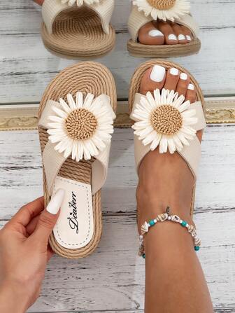 New Spring/Summer Women Floral Slippers, Classic Beige Sunflower Pattern, Elegant & Lightweight For Outdoor Beach