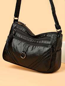 女性輕盈、時尚、個性化、極簡主義PU柔軟皮革斜跨包，大容量通勤肩背包 - 黑色 - 查看 2