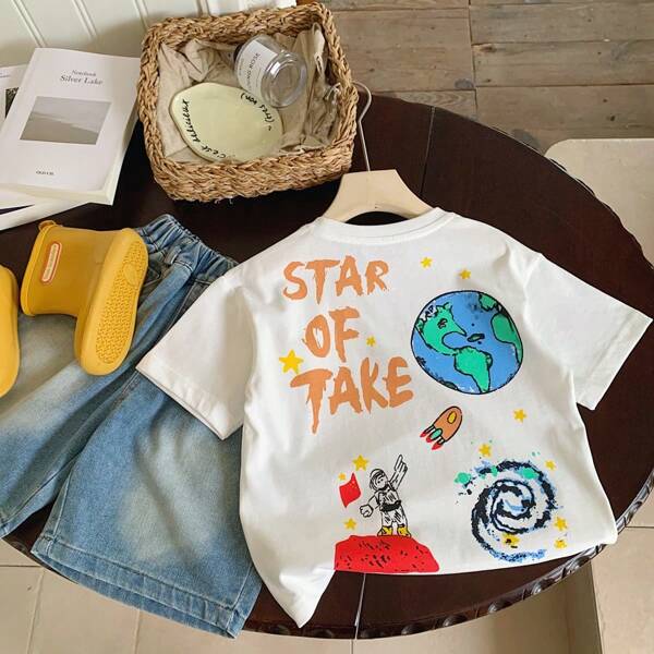 Young Boys' Short Sleeve T-Shirt 2024 Summer New Children Universe Leisure Korean Version Cool Printed Top Pullover Fashion