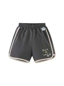 mini bala Celana Pendek Anak Muda Kantong Contrast Binding Blok Warna Huruf Striped Casual - Dark Grey - View 4
