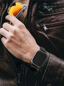 1pc Unisex Black Genuine Leather Watch Band, Compatible With Apple Watch S10 S9 S8 S7 41mm 45mm 46mm Ultra 49mm 44mm 42mm 38mm 40mm, Sporty Minimalist Style, Suitable For Apple Watch Series 11 10 9 SE 8 7 6 5 4 3 2 1, Fashionable Smart Watch Band, Compatible With Apple Watch, Bracelet-Style Band Accessory, Compatible With Apple Watch, Smart Watch Band - Black - View 5