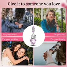 925 Sterling Silver Cat Hugging Pink Heart Charm Pendant Fit Original Bracelet Necklace DIY Charms Fine Women Jewellery Gift
