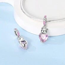 925 Sterling Silver Cat Hugging Pink Heart Charm Pendant Fit Original Bracelet Necklace DIY Charms Fine Women Jewellery Gift