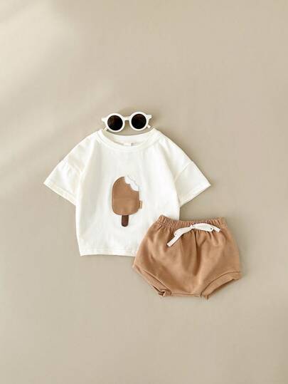 2 件套男婴冰淇淋贴片短袖 T 恤和短裤套装，夏季