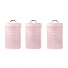 3-Piece Metal Kitchen Canister Set For Coffee And Tea, Sugar Canister, Restaurant Style Containers, Pink - Suitable For Coffee Bean, Candy, Rock Sugar And Tea Storage And Organizing Can - Pink - View 3