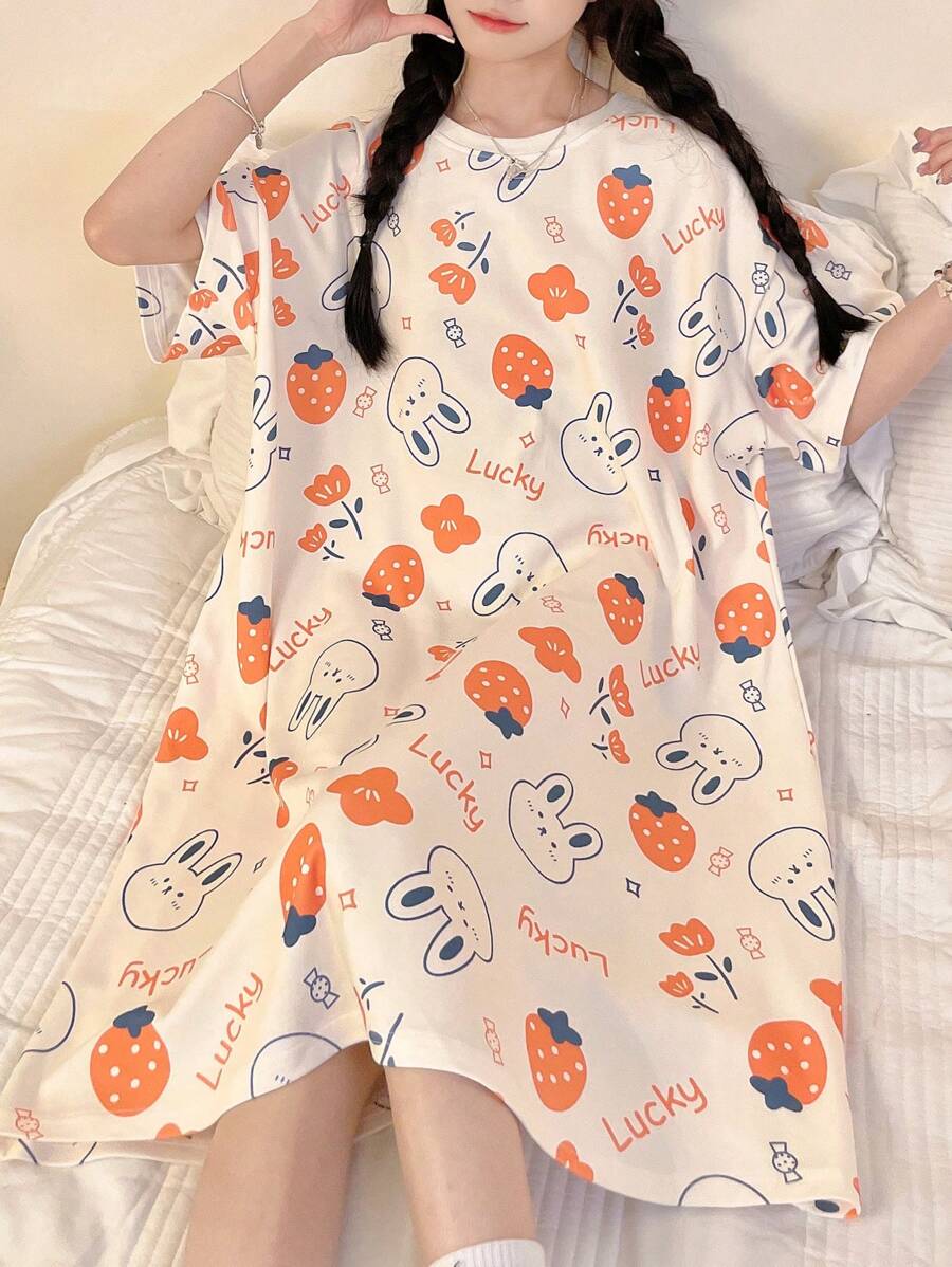 Women's Round Neck Cartoon Strawberry And Rabbit Printed Home Dressing Gown