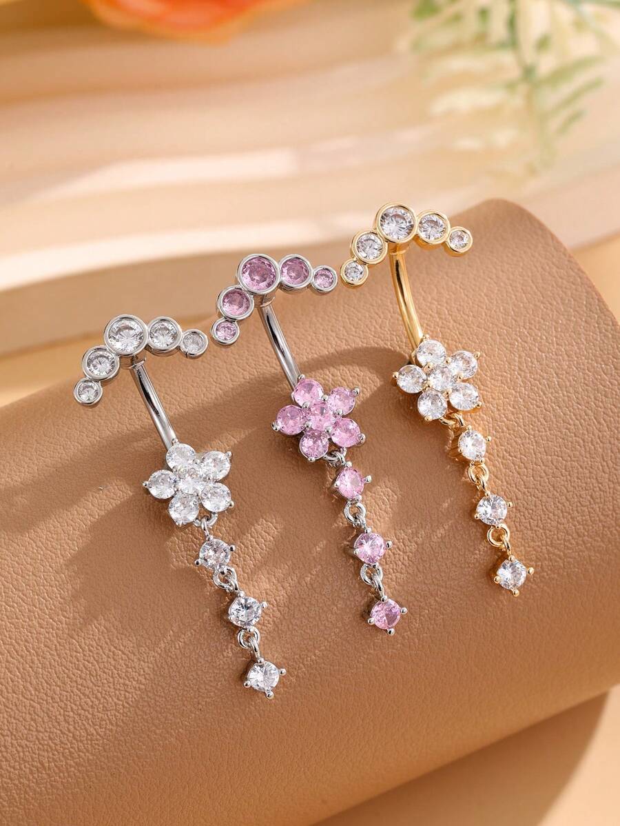 1 件花形肚脐环，带四节吊坠、9 镶嵌和一排 5 颗水钻装饰，不锈钢穿刺首饰，适合女性日常佩戴情人节、妈妈、母亲、母亲节、礼物 - 花四節 - 查看 1