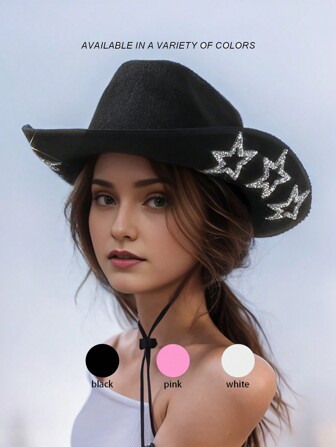 1 Stück Damen Wollcowboyhut in neutraler Einfarbigkeit, verziert mit einzigartiger funkelnder Strass-Cut Out Stern-Kette, schwenkbar, Bachelorette-Cowgirl-Hut, Girlcore, Vintage, Blumen, Frühling Sommer leuchtende Farben, Pink Ästhetik, interessanter Punk-Stil mit breiter Krempe, Straßenmode, Hochzeitsaccessoire 2024, klassische Ästhetik, Dinner Party Essentials, geeignet für Partys, Western-Veranstaltungen, Treffen, Verlobungsfeiern, Rollenspiele, Abschluss, Kostümfeste, Festivals, Hochzeiten, Geburtstagsfeiern, Musikfestivals, Volljährigkeit Zeremonien, usw. Halloween