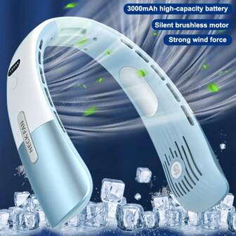 1pc Usb Rechargeable Led Display Halter Fan, Portable Bladeless Turbine Silent Slouchy Neck Fan