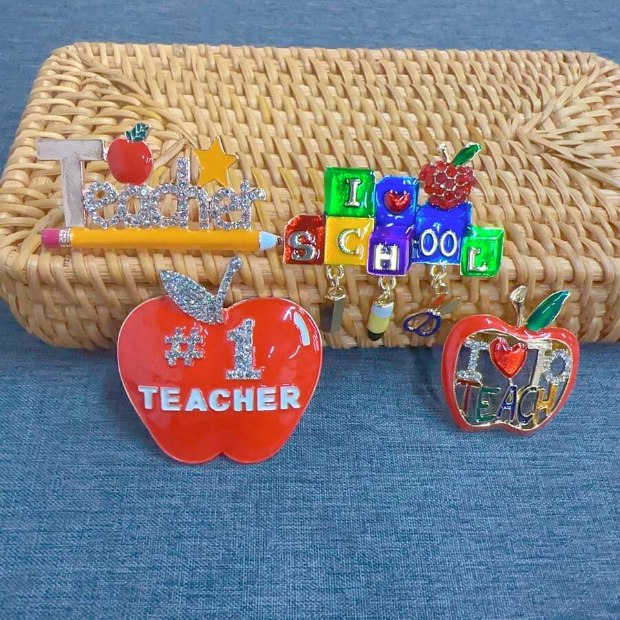 教師節禮物鋅合金鑲鑽胸針,帶滴油教師口號服飾配件畢業季禮物 - 金黃色 - 查看 1
