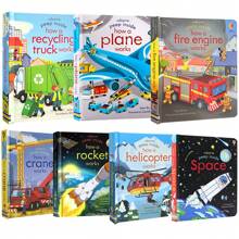 Lachilly Série de livros Peep Inside da Usborne - Como funciona um avião/ Como funciona um caminhão de reciclagem/ Como funciona um carro de bombeiros/ Como funciona um guindaste, livro ilustrado infantil, atividade interativa pré-escolar, livro de inglês para aprendizagem precoce