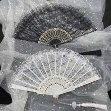 1入組古典洛麗塔蕾絲扇，旗袍秀和照片拍攝折疊扇，哥德式蕾絲扇 - 黑色 - 查看 1