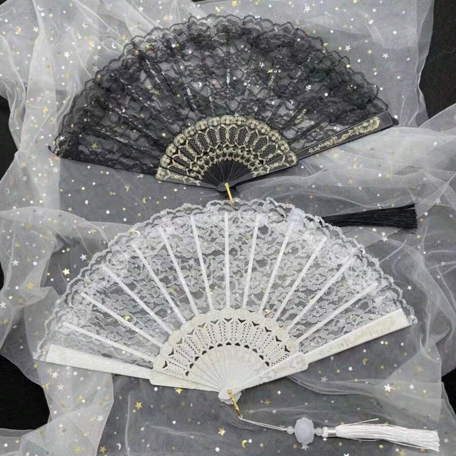 1入組古典洛麗塔蕾絲扇，旗袍秀和照片拍攝折疊扇，哥德式蕾絲扇 - 黑色 - 查看 1