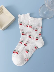 One Pair Women Summer Mesh Breathable Cherry Simple All-Match Mid-Calf Socks - Multicolor - View 4