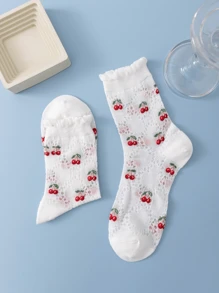 One Pair Women Summer Mesh Breathable Cherry Simple All-Match Mid-Calf Socks - Multicolor - View 2