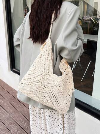 大容量手提鉤織袋 帶提手 編織沙灘中號手提袋 襯有吊墜飾花邊