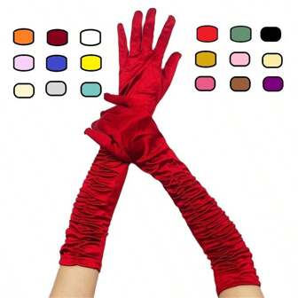 Women Long Solid Folds Satin Soft Multicolor Ceremonial Gloves  Dance Performance Elasticity Retro Style Opera