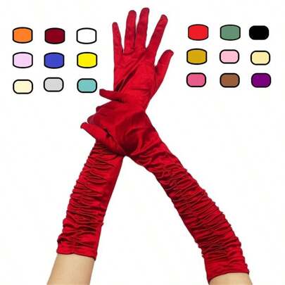 Women Long Solid Folds Satin Soft Multicolor Ceremonial Gloves Dance Performance Elasticity Retro Style Opera Halloween Christmas