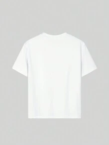 Camiseta branca casual com estampa de letra D colorida para meninos pré-adolescentes, gola redonda e manga curta, verão