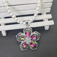 1Pc Elegant 6mm Faux Pearl Bead Colorful Glass Rhinestone Flower Pendant Choker Necklace - Colorful - View 2