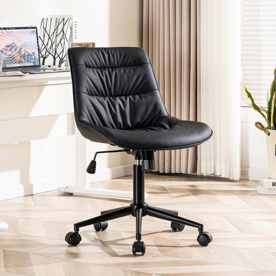 Home Office Chair With Wheels Swivel Armless Desk Chair Faux Leather Vanity Reading Chair Reclining Chair With Adjustable Mid Back Height Wide Seat Living Room - 黑色 - 查看 1