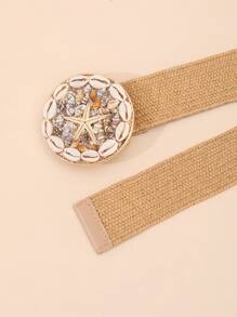 1pc Women's Premium Summer Beach Style Shell Elastic Waist Belt, European And American Metal PP Leather Fur Waistband - A - View 9