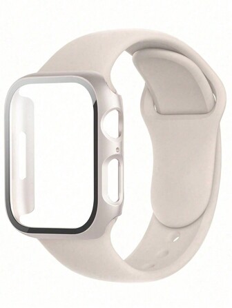 1套三合一時尚簡約純色矽膠手錶錶帶和防護殼組合PC硬質錶殼，與Apple手錶38MM 40MM 41MM 42MM 44MM 45MM 49MM系列完全兼容，超極版SE 9 8 7 6 5 4 3 2 1，防刮、防水、防震防摔，舒適皮膚友好透氣運動手帶替換手錶帶女男皆宜