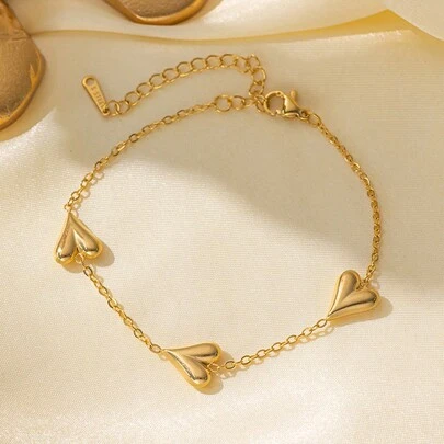1pc Retro Summer Gold Stainless Steel Heart Bracelet, Suitable For Beach, Daily, And Matching Jewelry, Mother's Day Gift, USA, No Gift Box Valentines