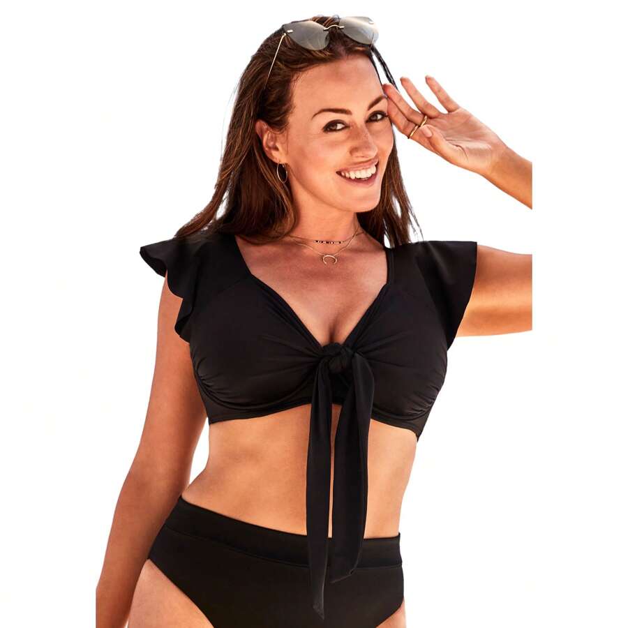 Swimsuits For All Women's Tie Front Cup Sized Cap Sleeve Underwire Bikini Top - 黑色 - 查看 1