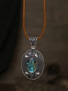 1入組/天然石圓形海灘防水手工製作皮繩復古波西米亞風吊墜項鍊，生日母親節珠寶禮物 - 項鍊 - 查看 12