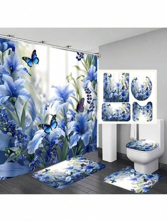 1pc/4pcs Waterproof Blue Floral And Butterfly Multi-Functional Decorative Bathroom Shower Curtain With 12 Hooks, Non-Slip Bathroom Mat, U-Shaped Floor Mat And Round Toilet Lid Cover Mat, Bathroom Set For All Scenarios Home Bathroom Decor Fall Decor Bathroom Accessories Back To School