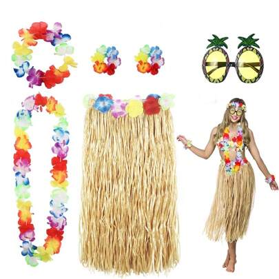 6pcs 40/60cm Hawaiian Hula Skirt With Garland Necklace Bracelet Headband And Pineapple Sunglasses Set, Adult Hawaiian Hula Skirt Suitable Luau Party Dance Outfit, Tropical Beach Birthday Wedding Party Decoration,Christmas
