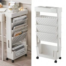 FXLTSBL Removable Mobile Bookshelf Cart With 5 Levels And Wheels, Book Cart With 3 Flat Shelves, Single-Sided Book Cart For Kids, Students, Teachers And Adults, Multifunctional (White)