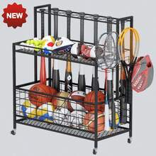 Sports Equipment Organizer, Basketball Storage Rack, Sports Organizer Cart With Basket And Hooks - 黑色 - 查看 1