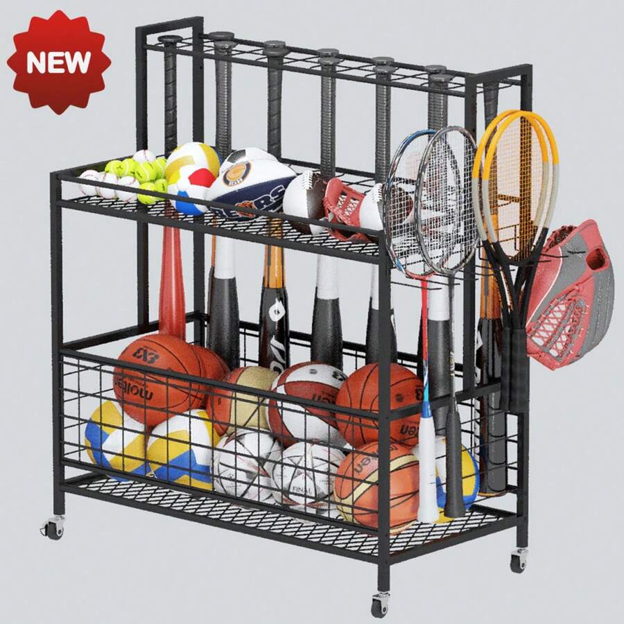 Sports Equipment Organizer, Basketball Storage Rack, Sports Organizer Cart With Basket And Hooks - 黑色 - 查看 1