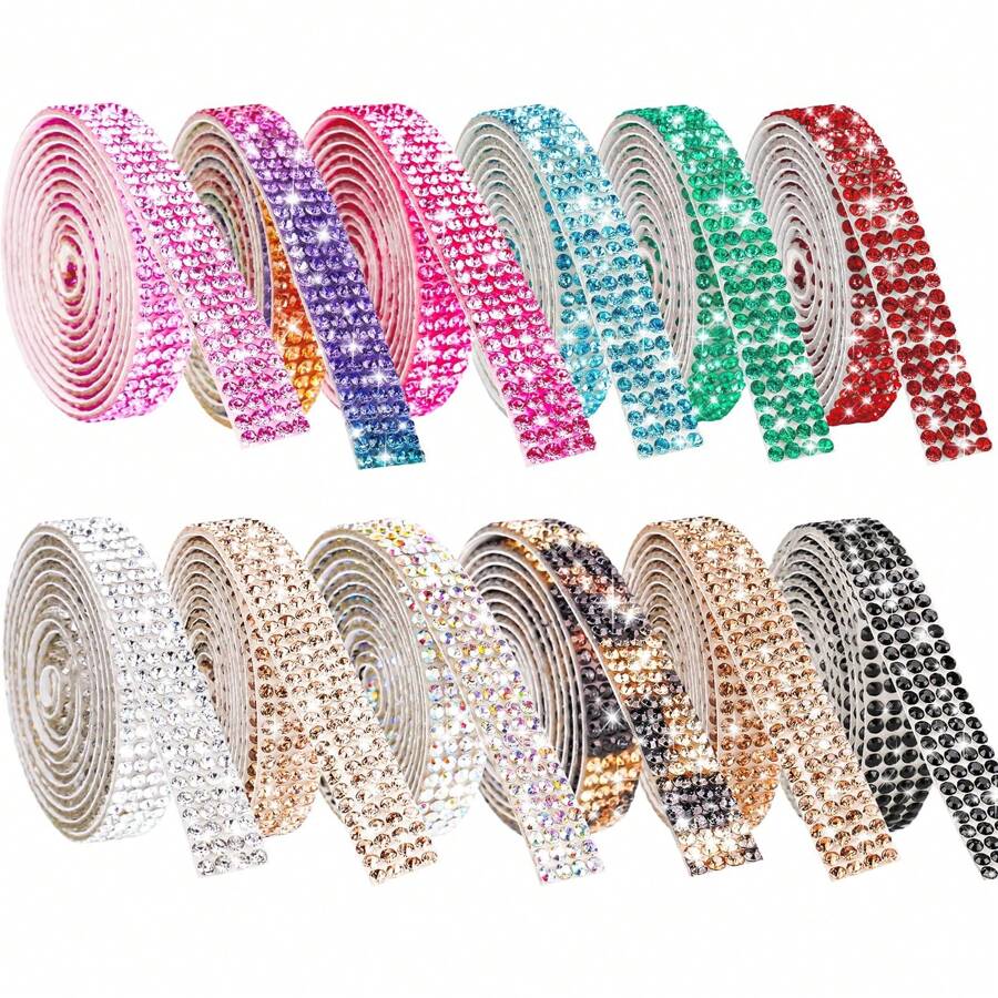 12 Rolls Self-Adhesive Crystal Rhinestone Ribbon, 0.82cm Wide X 12 Yards In Total, Multi-Functional DIY Decorative Sparkling Gemstone Art Craft Tape Sticker Glittery For Shoes And Clothes (Various Colors)
