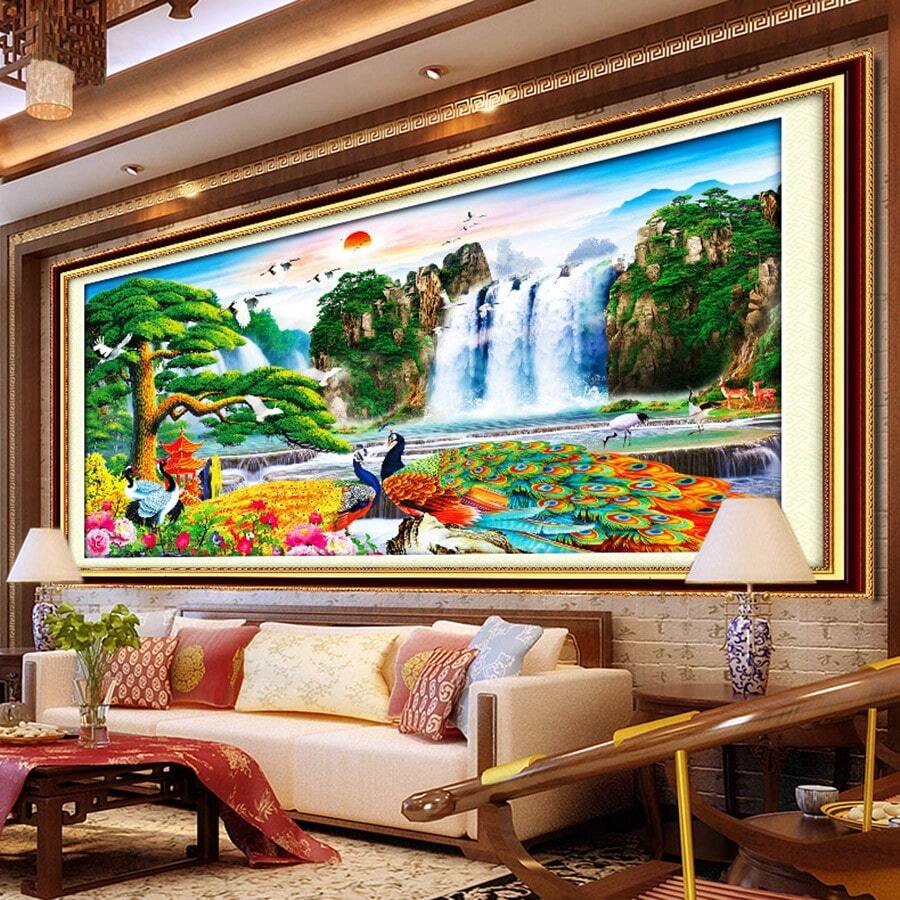 [Chủ đề] Tranh thêu chữ thập con công bay nước xanh với sếu, mặt trời mọc, phong cảnh tự làm để trang trí phòng khách - sợi bông - Xem 1