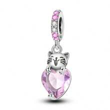 925 Sterling Silver Cat Hugging Pink Heart Charm Pendant Fit Original Bracelet Necklace DIY Charms Fine Women Jewellery Gift