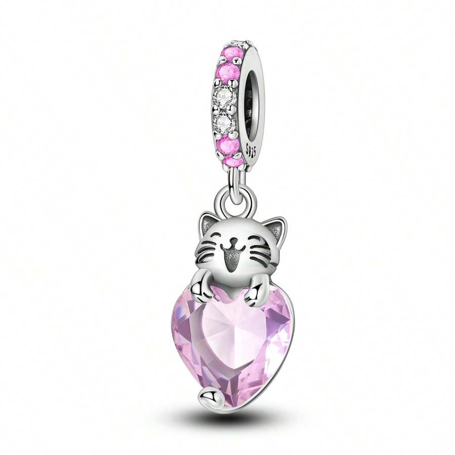 925 Sterling Silver Cat Hugging Pink Heart Charm Pendant Fit Original Bracelet Necklace DIY Charms Fine Women Jewellery Gift
