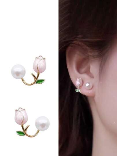 2pcs/Pack New Fashion Tulip-Shaped Pearl Stud Earrings For Girl