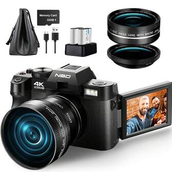  NBD S100 Pro Digital Cameras For Photography & 4K Video, 48 MP Vlogging Camera With 180° Flip Screen,16X Digital Zoom,Flash & Autofocus,52mm Wide Angle & Macro Lens,2 Batteries,32GB SD Card