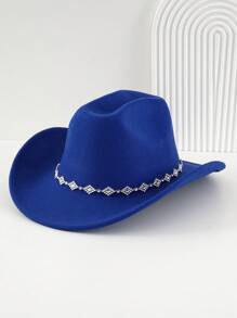 1pc Women Unisex Solid Color Knitted Felt Cowboy Hat With Diamond Shaped Chain Decorated Hatband, Swivel Single Girl Cowgirl Hat, Wide Brim Hat With Street Fashion Punk Style For Girlcore, Vintage, Floral, Spring Summer Bright Colors, Pink Aesthetic. Suitable For Parties, Western Themed Events, Graduation Ceremony, Role Play, Costume Party, Makeup Dance Party, Festival, Wedding, Birthday Celebration, Music Festival, Coming-Of-Age Ceremony. Halloween