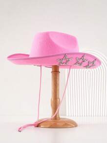 1pc Women's Neutral Solid Color Woolen Cowboy Hat Embellished With Unique Personality Sparkling Rhinestone Hollow Star Chain Element, Swivel Bachelorette Cowgirl Hat, Girlcore, Vintage, Floral, Spring Summer Bright Colors, Pink Aesthetic, Novelty Interesting Punk Style Wide Brim BR Street Fashion, 2024 Wedding Essentials, Classy Aesthetic, Dinner Party Essentials, Suitable For Parties, Western-Themed Events, Gatherings, Engagement Parties, Role Playing, Graduations, Costume Balls, Festivals, Weddings, Birthday Celebrations, Music Festivals, Coming-Of-Age Ceremonies, Etc. Halloween