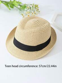 1pc Unisex Kids' Black Band Decorated Simple & Stylish Natural-Colored Panama Straw Hat With Upturned Brim, Suitable For Outdoor Activities And Beach Vacation - Beige - View 8