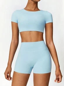 MASKERT Set yoga da donna casual a manica corta, aderente e altamente elastico, adatto per corsa e sport, completo yoga, outfit da aeroporto