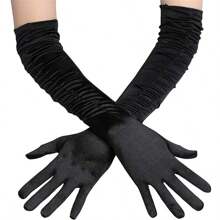 Lange, einfarbige, mehrfarbige, zerknitterte, seidenweiche Zeremonialhandschuhe aus Satin für Damen, tanzbühnengeeignet, elastisch, retrostil, für Oper, Halloween, Weihnachten - plissierte Handschuhe - Übersicht 3