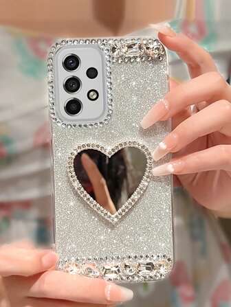 情人节奢华水钻水钻爱心镜面手机壳 3D 闪光，合成水钻闪光粉适用于 Galaxy S24 S23 S22 21 20 Plus Ultra A31 A51 A71 A52 A72 A22 A12 A13 A53 A73 A24 A23 A32、iPhone 15 14 13 12Pro Pro Max 手机壳