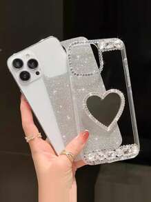 情人节奢华水钻水钻爱心镜面手机壳 3D 闪光，合成水钻闪光粉适用于 Galaxy S24 S23 S22 21 20 Plus Ultra A31 A51 A71 A52 A72 A22 A12 A13 A53 A73 A24 A23 A32、iPhone 15 14 13 12Pro Pro Max 手机壳 - 銀色 - 查看 2