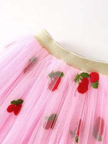 Falda de malla encantadora para niñas jóvenes con bordado de fresa y falda de tul suave - Rosa - Ver 3